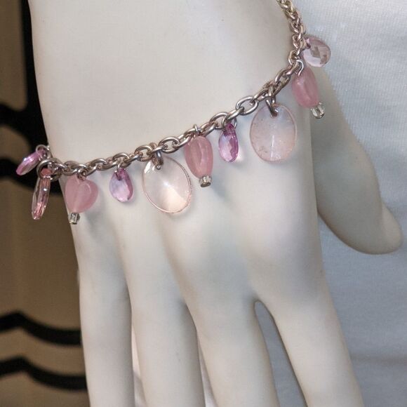 Bracelet. Pink heart & oval beads, clear & solid - Picture 2 of 9